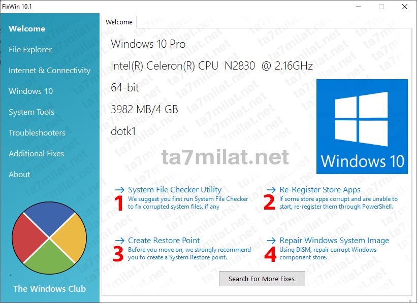 واجهة برنامج FixWin 10